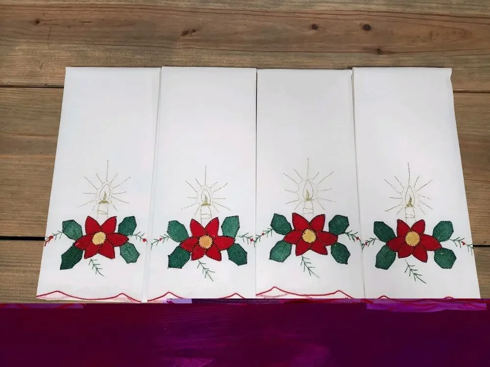 Set of 4 Embroidered Christmas Tea Towels, White Red Poinsettia